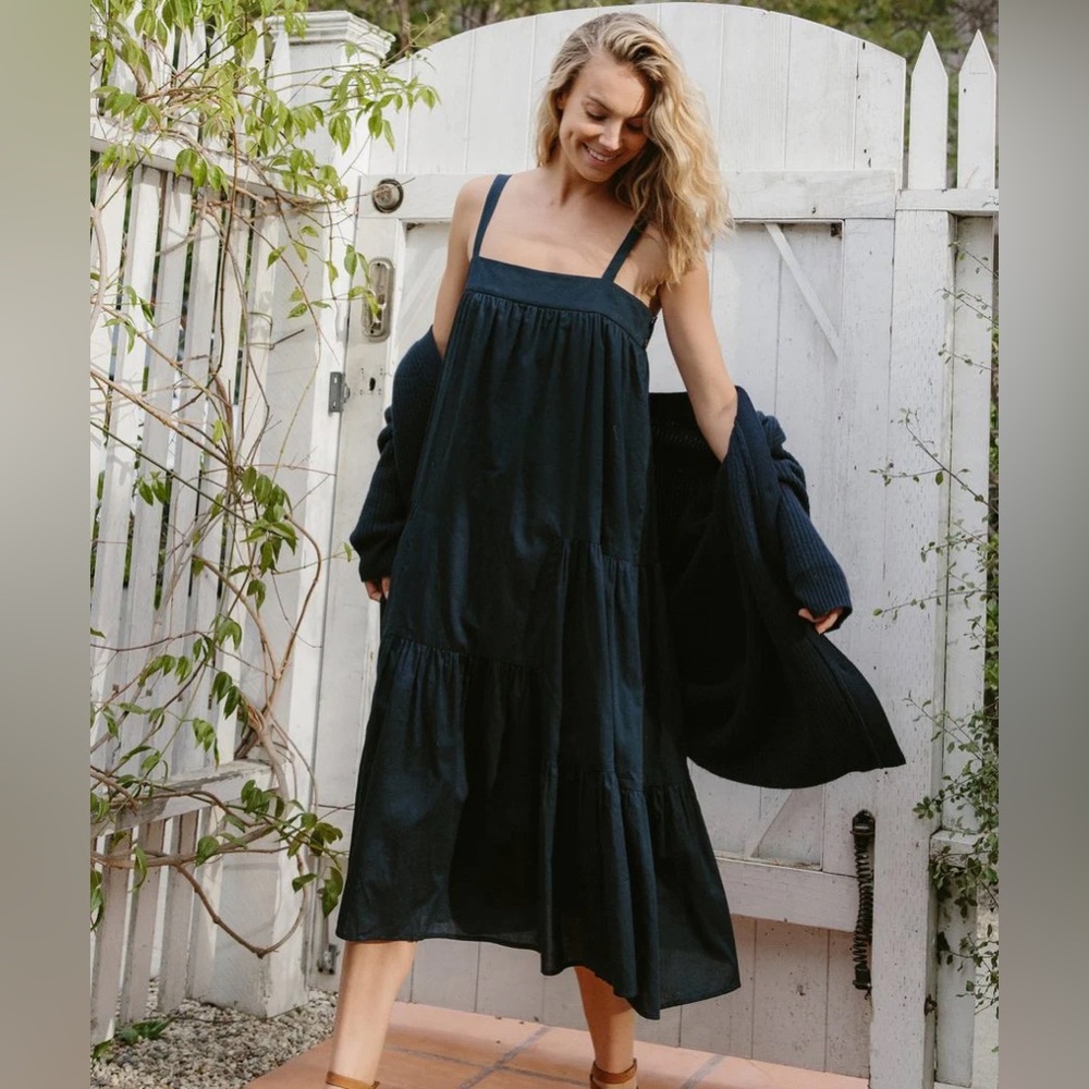 Jenni Kayne Navy Blue Summer Dress XXL Tiered Cotton Linen